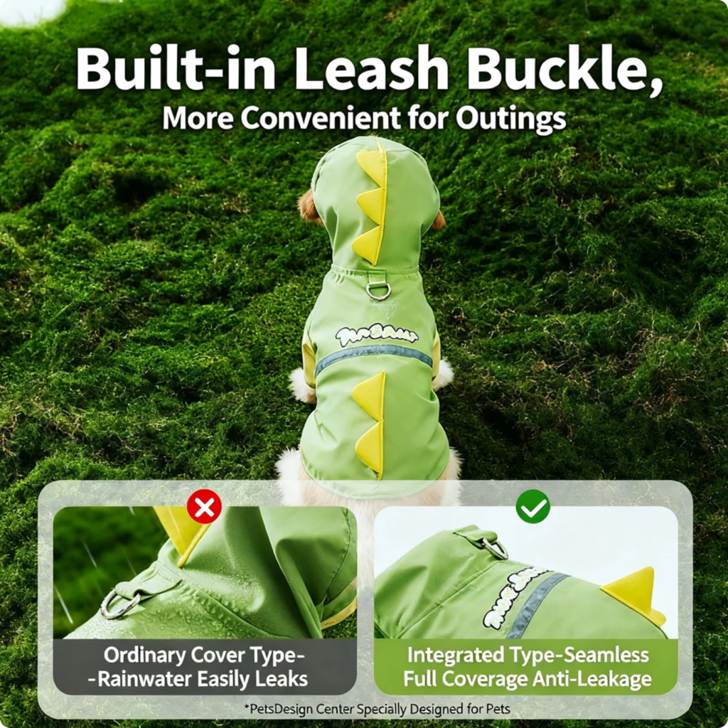 Dinosaur Dog Raincoat with Reflective Strips | Waterproof 4-Leg Pet Rain Jacket