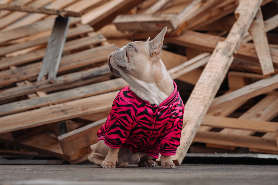 French Bulldog wearing a comfortable red and white striped sweater outdoors