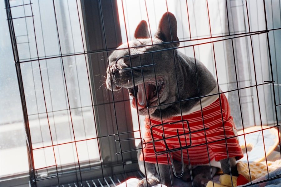French Bulldog yawning comfortably in a striped shirt at home
